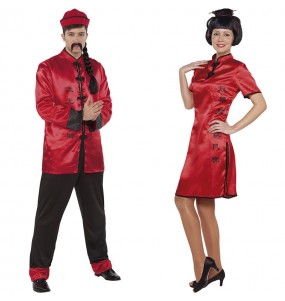 O casal Chineses vermelhos e pretos original e engraçado para se disfraçar com o seu parceiro
