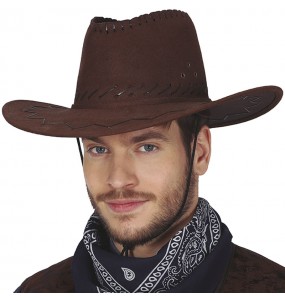 Chapéu de cowboy castanho escuro com efeito de couro para completar o seu disfarce