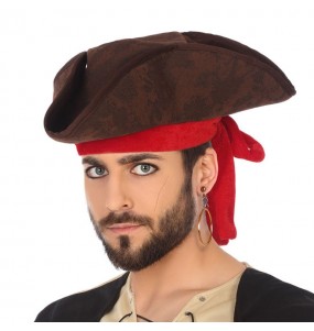 Chapéu de pirata castanho com 3 pontas para completar o seu disfarce