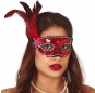 Máscara lantejoulas vermelha com pluma para completar o seu fato Halloween e Carnaval