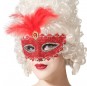 Máscara veneziana vermelha com pena para completar o seu disfarce