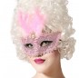 Máscara de veneziana cor-de-rosa com pena para completar o seu disfarce