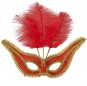 Máscara vermelha com moldura e penas para completar o seu disfarce