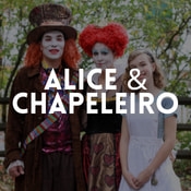 Catálogo de fatos Alice e Chapeleiro Louco para rapazes, raparigas, homens e mulheres